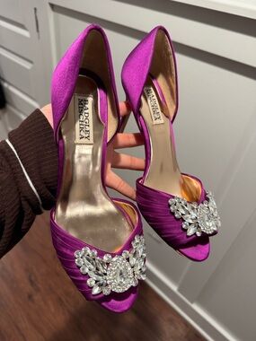 Badgley Mischka Fuchsia Satin Crystal Peep-Toe Heels